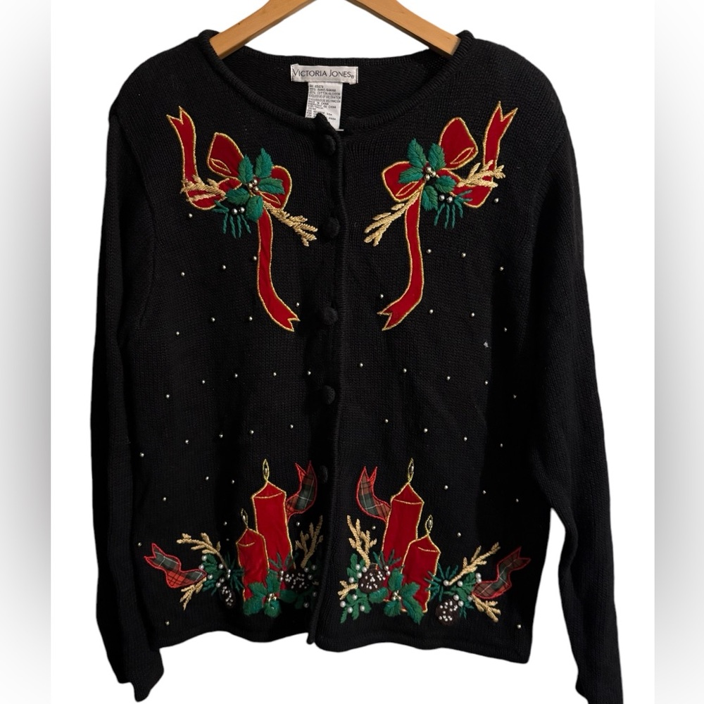 Vintage Victoria Jones Woman Ugly Christmas Sweater Cardigansz Medium beads